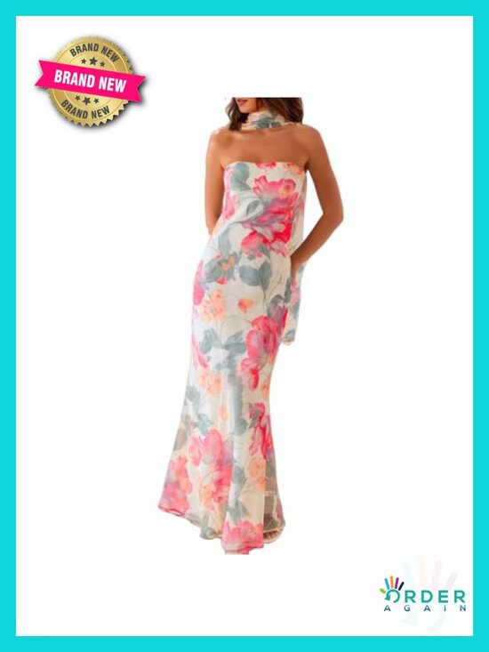 Dresses & Skirts - Y2K Floral Strapless Tube Maxi Dress w Scarf Mesh Bodycon Backless